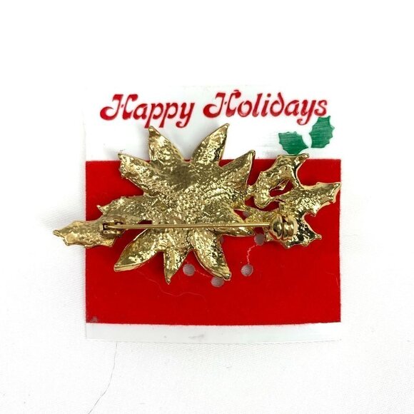 Holiday Poinsettia Pin Red, Green, Gold Enamel & Metal 2" NWOT - Picture 6 of 6